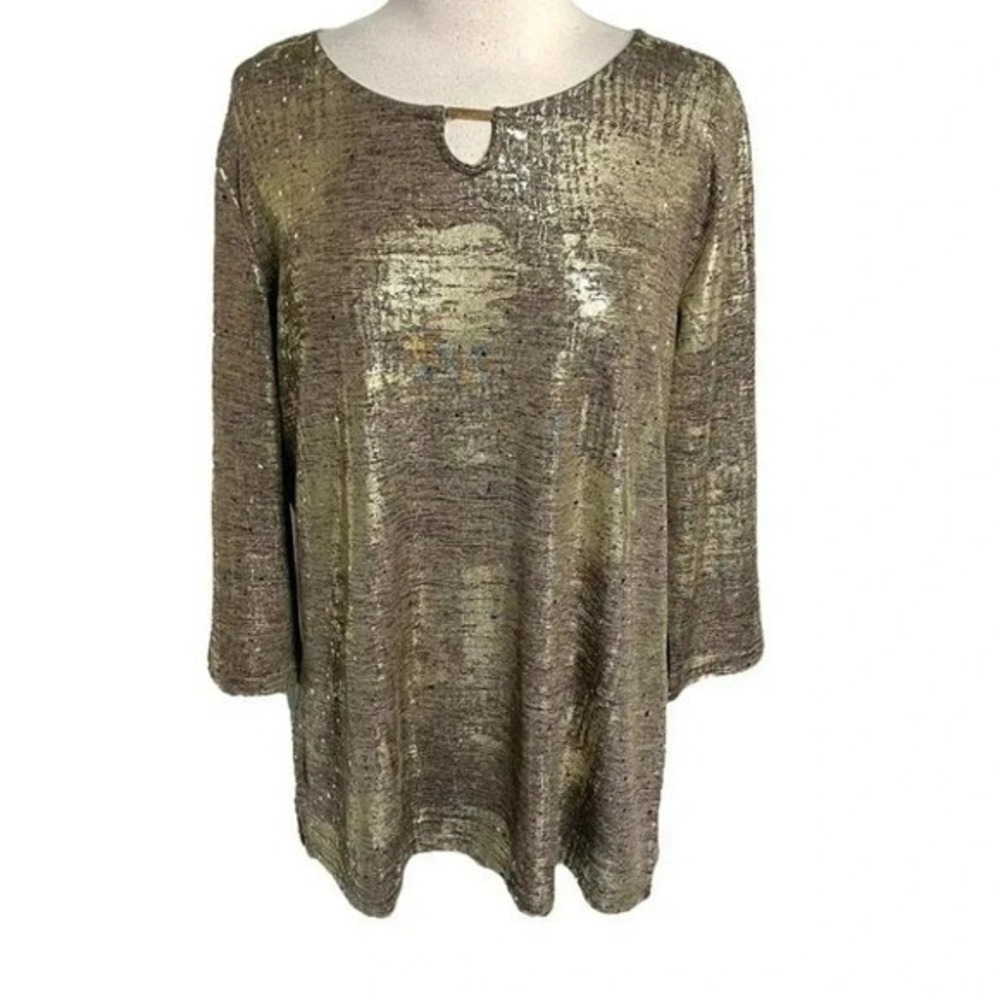 Salon Studio Womens Top L Metallic Gold Bronze Keyhole Neck 3/4 Sleeve